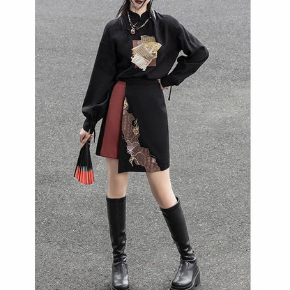 【雲鬢斜簪シリーズ】★チャイナ風トップス★ 中華服 漢字柄 プリント オリジナル 合わせやすい