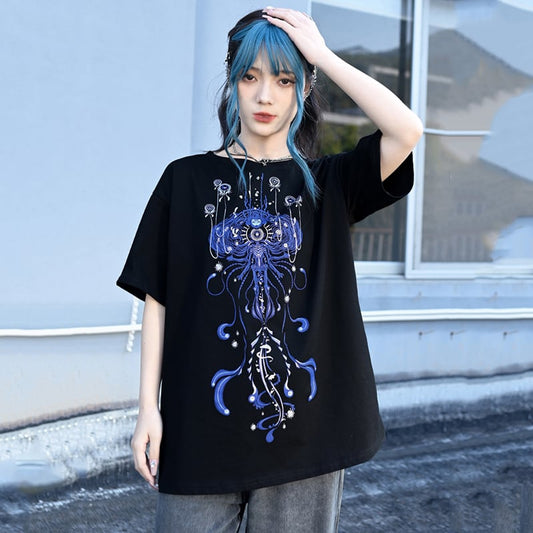 【古怪舍---藍眼淚シリーズ】チャイナ風トップス Tシャツ 個性的 コットン ブラック 青色