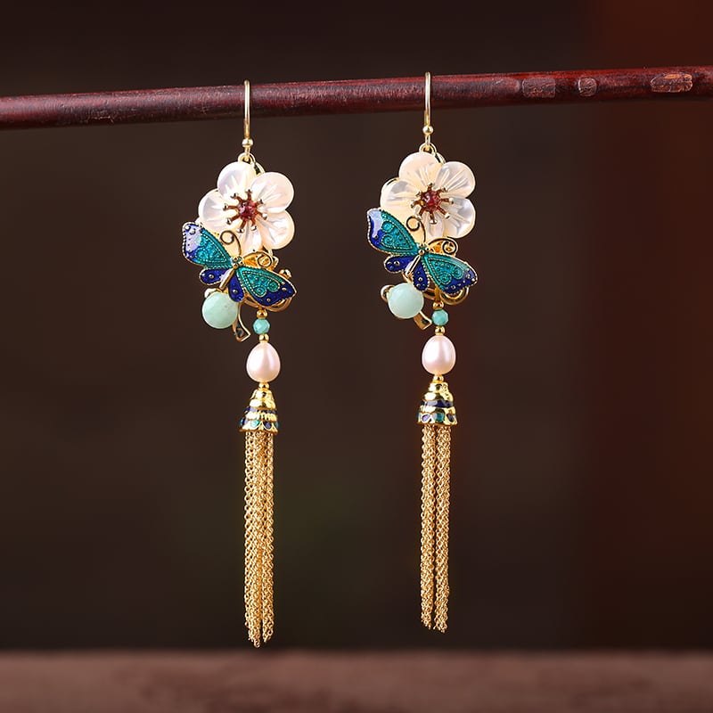 【煙雨江南シリーズ】チャイナ風イヤリング ピアス 2点セット 小物 アクセサリー フリンジ 花 レディース 気質アップ