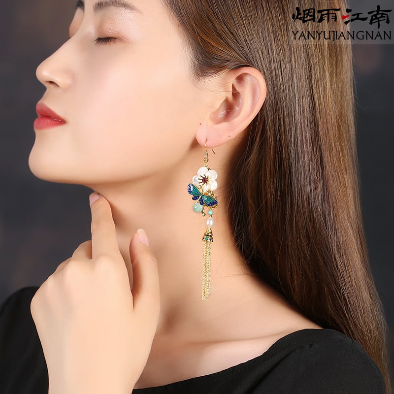 【煙雨江南シリーズ】チャイナ風イヤリング ピアス 2点セット 小物 アクセサリー フリンジ 花 レディース 気質アップ