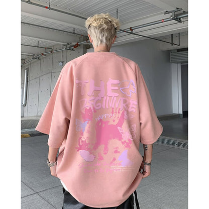 【CEXUリーズ】Tシャツ 半袖 男女兼用 大きいサイズ スエード 猫柄 4色展開 ブラック グレー
