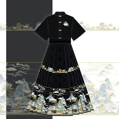 【喚初---明月松間照シリーズ】チャイナ風トップス 長袖 半袖 刺繍 中華服 シャツ 可愛い ブラック 黒色