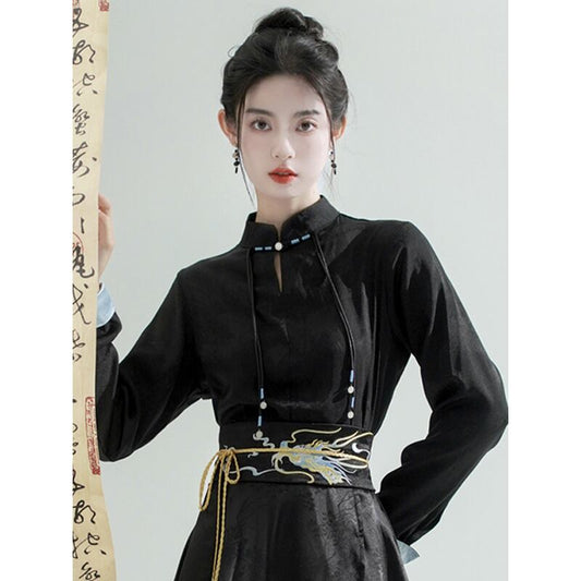 【BAIRIMENGシリーズ】チャイナ風シャツ 長袖 トップス 2色 ブラック ホワイト 中華服
