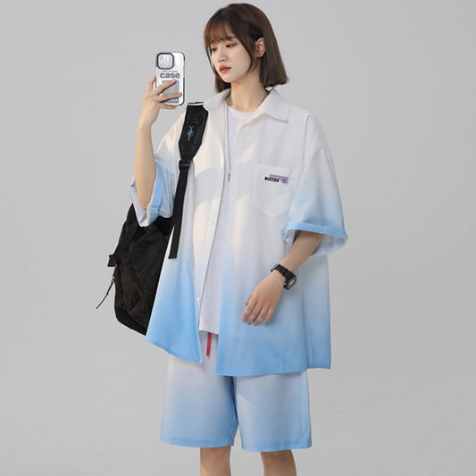 【藤伊曼シリーズ】4色 シャツ+短パン セットアップ 半袖 男女兼用 大きいサイズ グラデーション