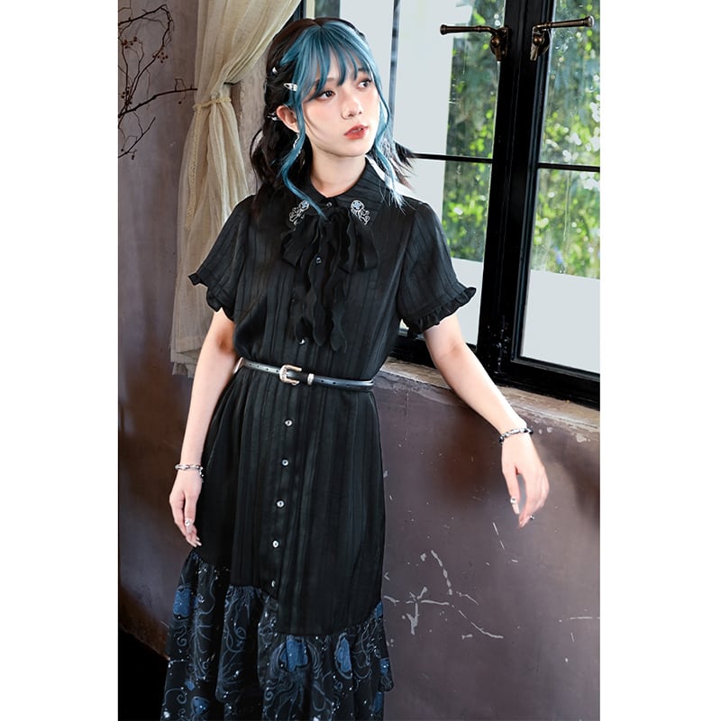 【古怪舍---藍眼淚シリーズ】チャイナ風半袖ワンピース 漢服 切り替えデザイン ブラック