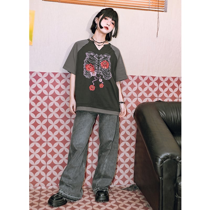 【古怪舍---花骨シリーズ】チャイナ風 半袖 Tシャツ プリント 個性的 オリジナル Vネック コットン トップス