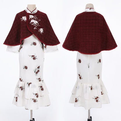 【塵煙雲夢---茶花曲シリーズ】チャイナ風 刺繍マント 中華服 プリント 可愛い ショート丈 レッド
