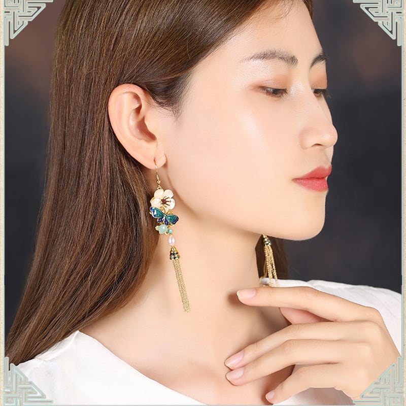 【煙雨江南シリーズ】チャイナ風イヤリング ピアス 2点セット 小物 アクセサリー フリンジ 花 レディース 気質アップ