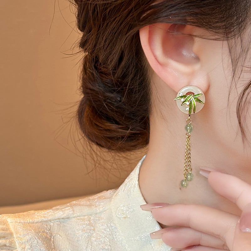 【CHOEUシリーズ】チャイナ風 耳飾り 竹柄 ピアス ペア レディース フリンジ アクセサリー グリーン