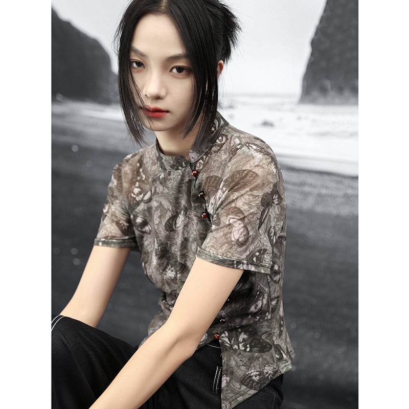 【大青龍肆シリーズ】チャイナ風 半袖トップス Tシャツ 蝶々柄 レトロデザイン 薄手 着痩せ 快適 ファッション