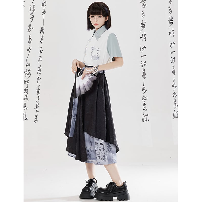 【卿棠---山澗序語シリーズ】チャイナ風 プリント 半袖シャツ 男女兼用 漢字柄 トップス