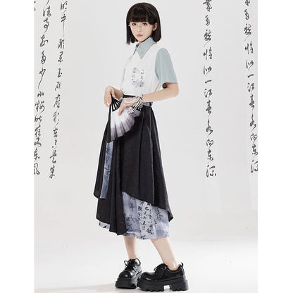 【卿棠---山澗序語シリーズ】チャイナ風 プリント 半袖シャツ 男女兼用 漢字柄 トップス