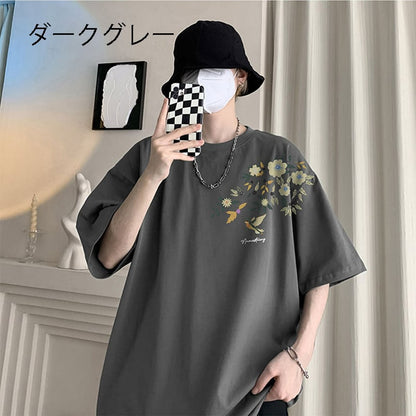 【KADISHOUシリーズ】チャイナ風トップス Tシャツ 半袖 男女兼用 大きいサイズ コットン 鳥 花柄 9色展開