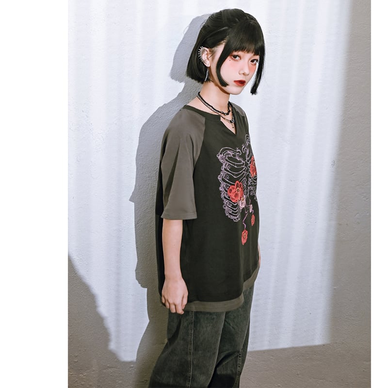 【古怪舍---花骨シリーズ】チャイナ風 半袖 Tシャツ プリント 個性的 オリジナル Vネック コットン トップス