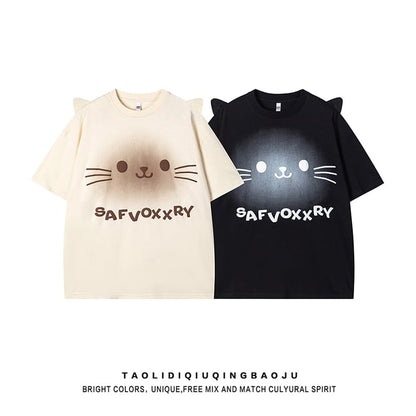 【逃離地球シリーズ】猫耳デザイン 半袖 Tシャツ 2色展開 レディース トップス 可愛い ねこ柄