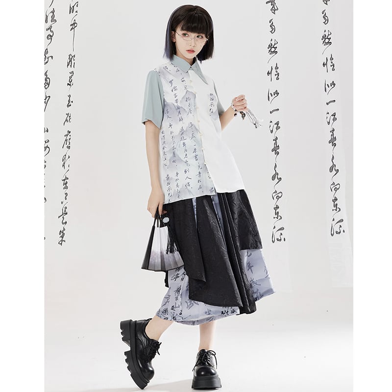 【卿棠---幽篁玉京シリーズ】チャイナ風 キュロットスカート カジュアル 切り替え ボトムス 男女兼用 メンズ 漢字柄