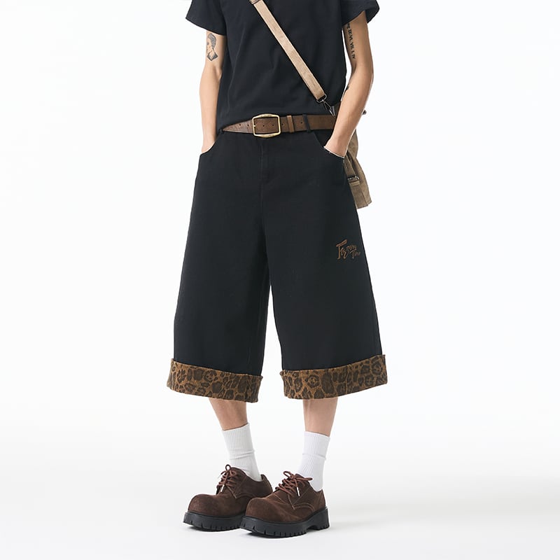 【KADISHOUシリーズ】デニムパンツ ズボン ボトムス 七分丈 男女兼用 メンズ 切り替え 豹柄 おしゃれ ファッション 2023