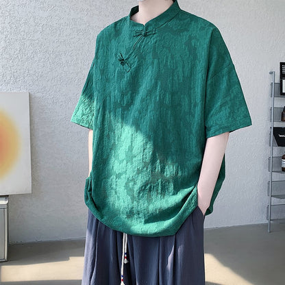 【TIANYIシリーズ】チャイナ風トップス 半袖シャツ 男女兼用 大きいサイズ 3色展開 緑 黒 白