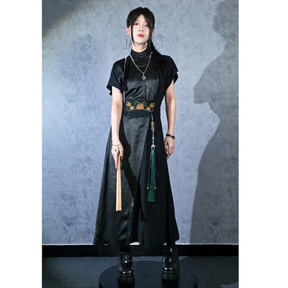 【古怪舍---升卿シリーズ】チャイナ風半袖漢服ワンピース 切り替え ブラック 黒色