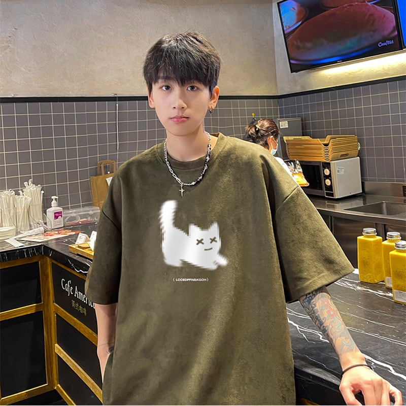 【NANSHIシリーズ】5色展開 Tシャツ 半袖 トップス 男女兼用 大きいサイズ スエード 猫柄 ねこ ネコ