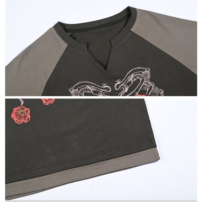 【古怪舍---花骨シリーズ】チャイナ風 半袖 Tシャツ プリント 個性的 オリジナル Vネック コットン トップス
