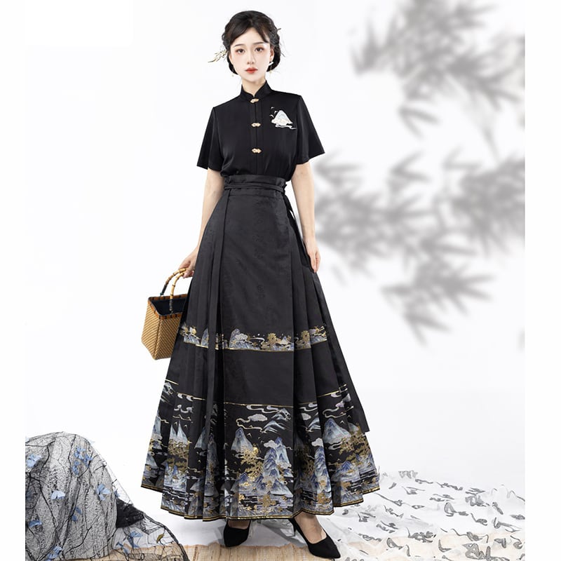 【喚初---明月松間照シリーズ】チャイナ風トップス 長袖 半袖 刺繍 中華服 シャツ 可愛い ブラック 黒色