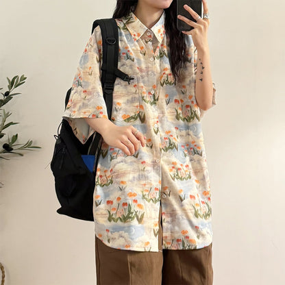 【UATONLINEシリーズ】半袖花柄アロハシャツ 男女兼用 メンズカジュアル 夏服 ートップス アプリコット