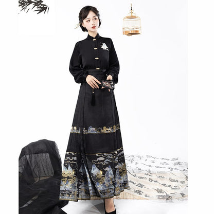 【喚初---明月松間照シリーズ】チャイナ風トップス 長袖 半袖 刺繍 中華服 シャツ 可愛い ブラック 黒色