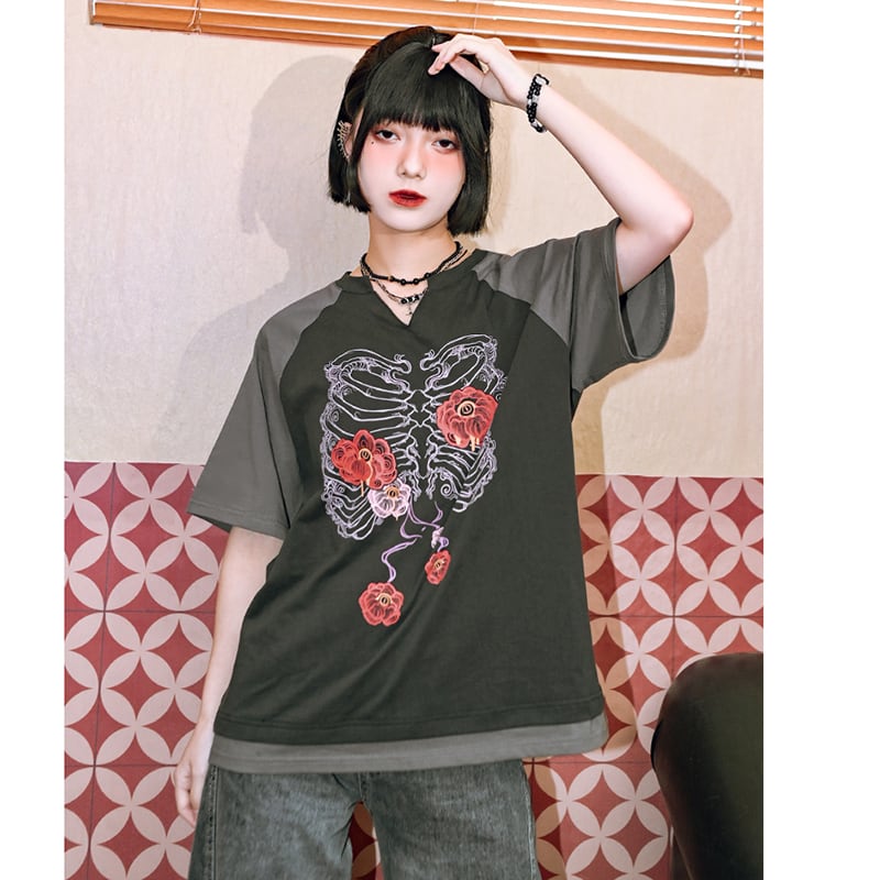 【古怪舍---花骨シリーズ】チャイナ風 半袖 Tシャツ プリント 個性的 オリジナル Vネック コットン トップス