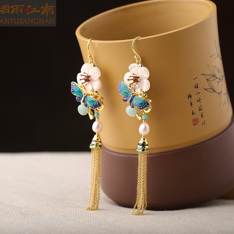 【煙雨江南シリーズ】チャイナ風イヤリング ピアス 2点セット 小物 アクセサリー フリンジ 花 レディース 気質アップ