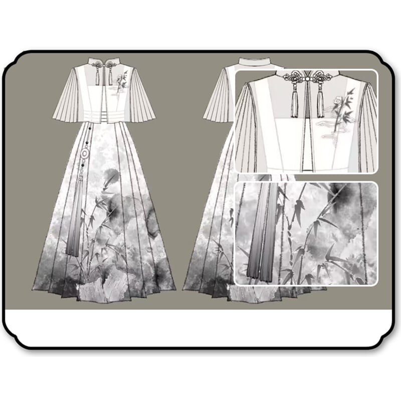 【停云落月---水墨寒江シリーズ】チャイナ風ワンピースセット 中華服 つりワンピース＋トップス 水墨柄