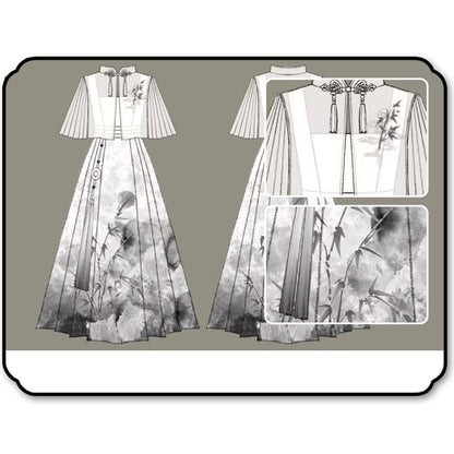 【停云落月---水墨寒江シリーズ】チャイナ風ワンピースセット 中華服 つりワンピース＋トップス 水墨柄