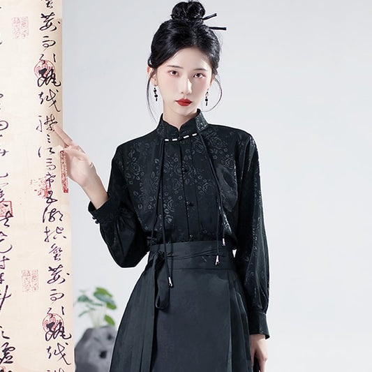 【麽檸シリーズ】チャイナ風長袖シャツ 2色 気質アップ トップス 中華服 改良漢服 ブラック ホワイト