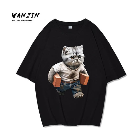 【XIAOLINGDANGシリーズ】猫 半袖 Tシャツ コットン トップス 2色 男女兼用 メンズ ブラック ホワイト