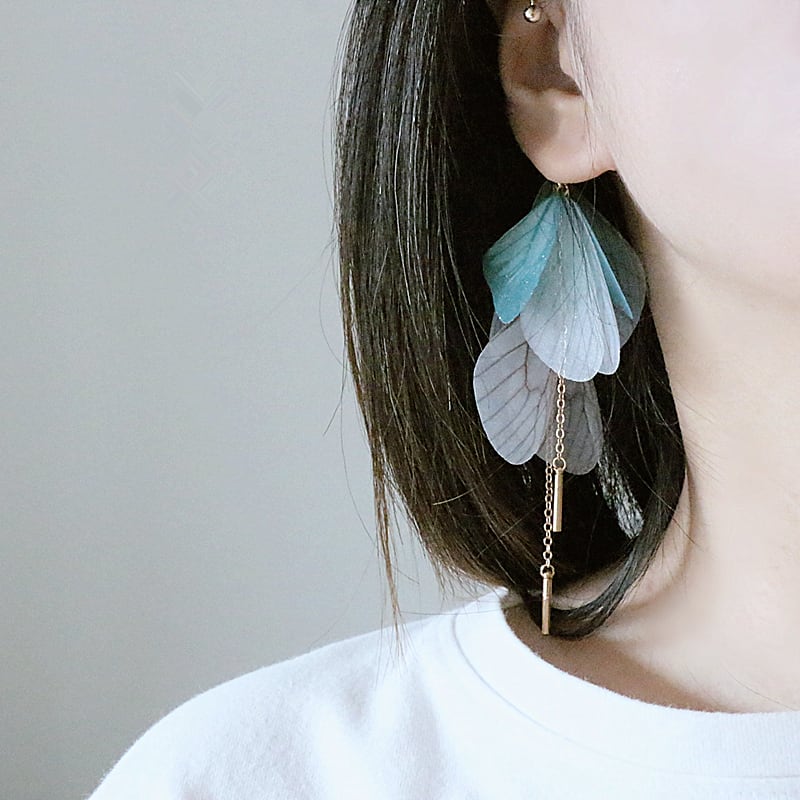 【YOUR EARSシリーズ】チャイナ風耳飾り 2色 3タイプ ピアス イヤリング イヤーフック ペア 小物 アクセサリー レディース 蝶々の翼 緑 青