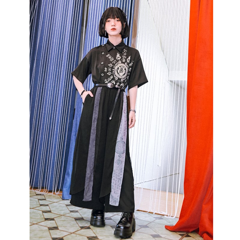 【古怪舍---清心訣シリーズ】チャイナ風 半袖 シャツ 個性的 オリジナル ブラック プリント トップス