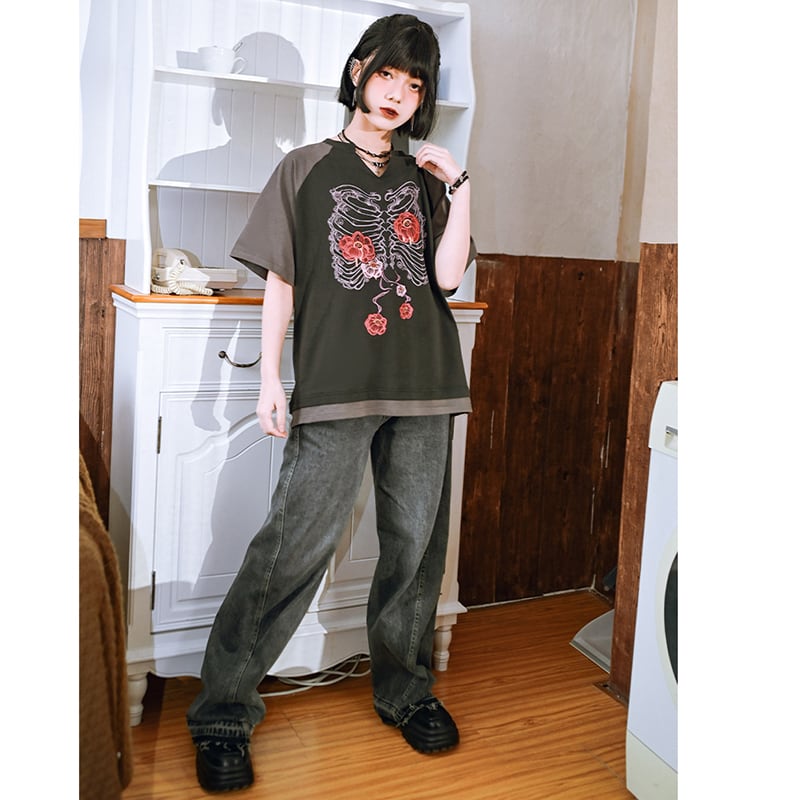 【古怪舍---花骨シリーズ】チャイナ風 半袖 Tシャツ プリント 個性的 オリジナル Vネック コットン トップス