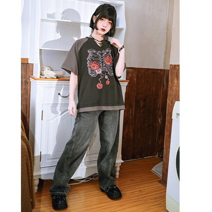 【古怪舍---花骨シリーズ】チャイナ風 半袖 Tシャツ プリント 個性的 オリジナル Vネック コットン トップス