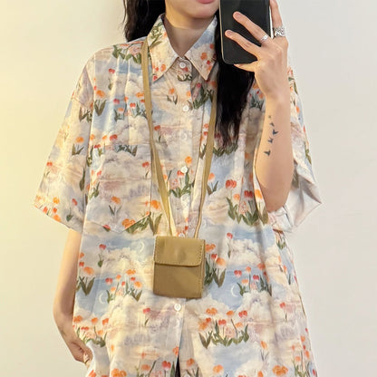 【UATONLINEシリーズ】半袖花柄アロハシャツ 男女兼用 メンズカジュアル 夏服 ートップス アプリコット