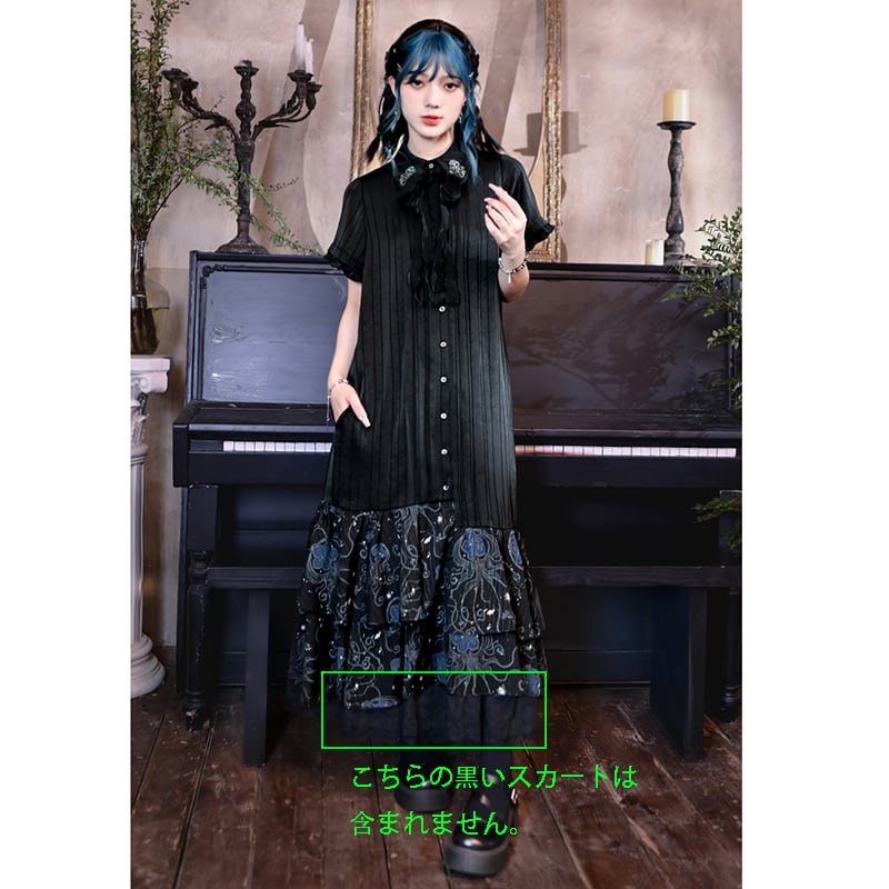 【古怪舍---藍眼淚シリーズ】チャイナ風半袖ワンピース 漢服 切り替えデザイン ブラック