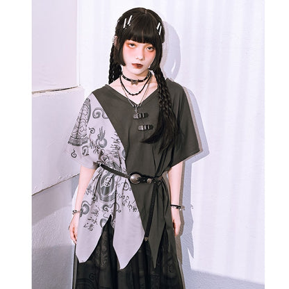 【古怪舍---清心訣シリーズ】★チャイナ風トップス★ 半袖 Tシャツ 個性的 オリジナル 不規則 コットン プリント