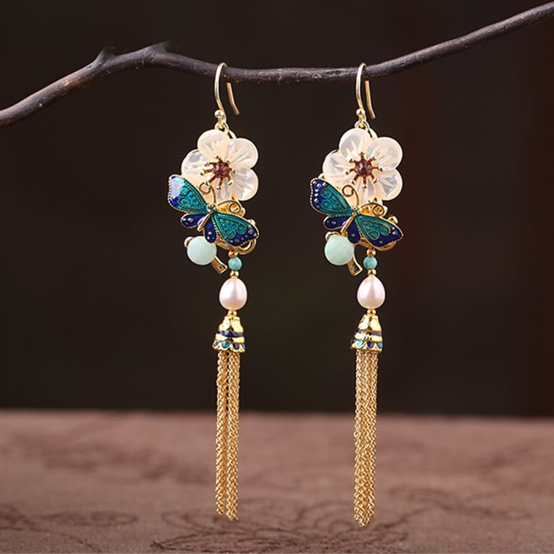 【煙雨江南シリーズ】チャイナ風イヤリング ピアス 2点セット 小物 アクセサリー フリンジ 花 レディース 気質アップ
