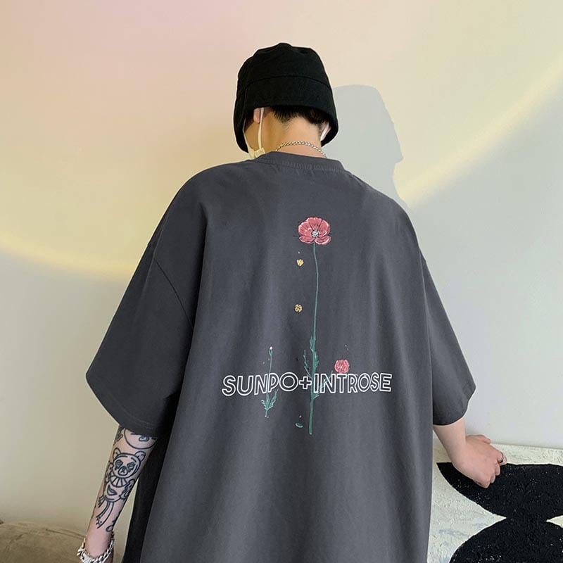 【VATICANシリーズ】カジュアル花柄Tシャツ 3色展開 半袖 男女兼用 コットン トップス  ホワイト ブラック グレー