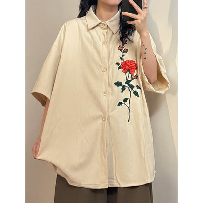 【UATONLINEシリーズ】チャイナ風 シャツ 半袖 男女兼用 コーデュロイ 薔薇柄