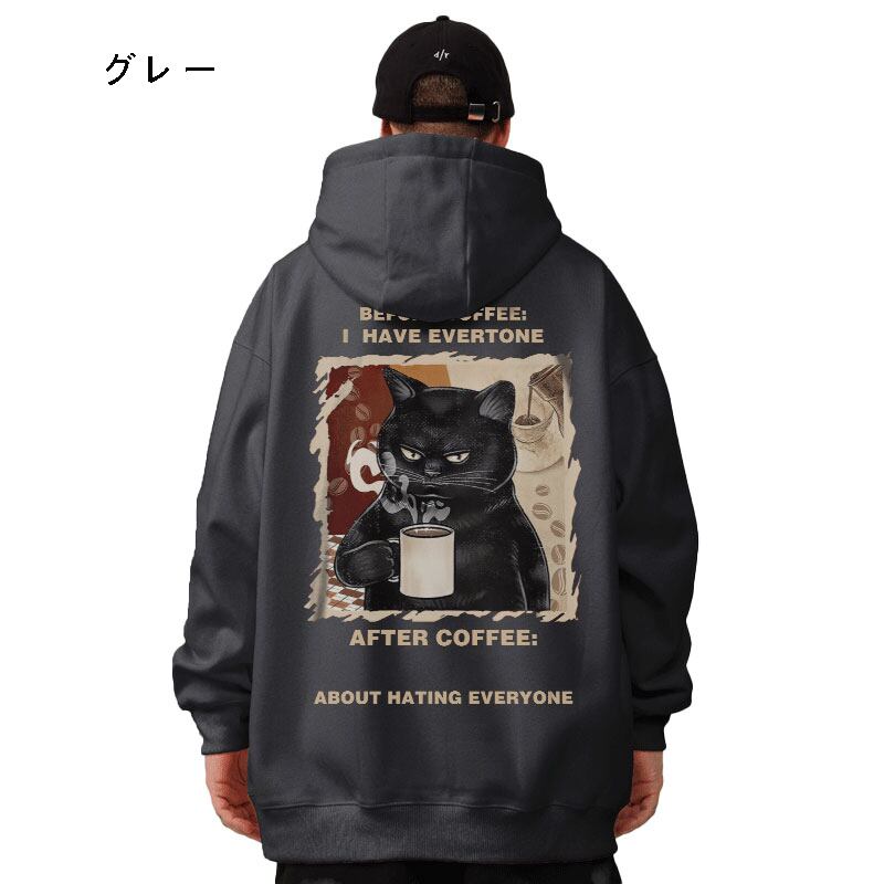 【MOYANシリーズ】裏起毛パーカー 6色 猫デザイン トップス 男女兼用 大きいサイズ ブラック グレー ホワイト レッド
