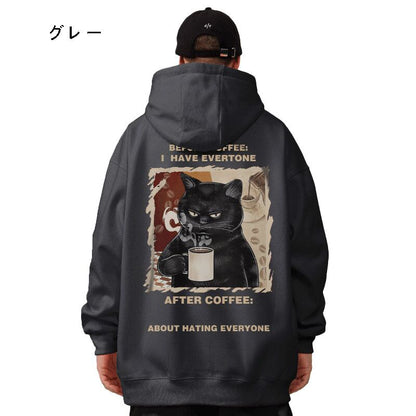 【MOYANシリーズ】裏起毛パーカー 6色 猫デザイン トップス 男女兼用 大きいサイズ ブラック グレー ホワイト レッド