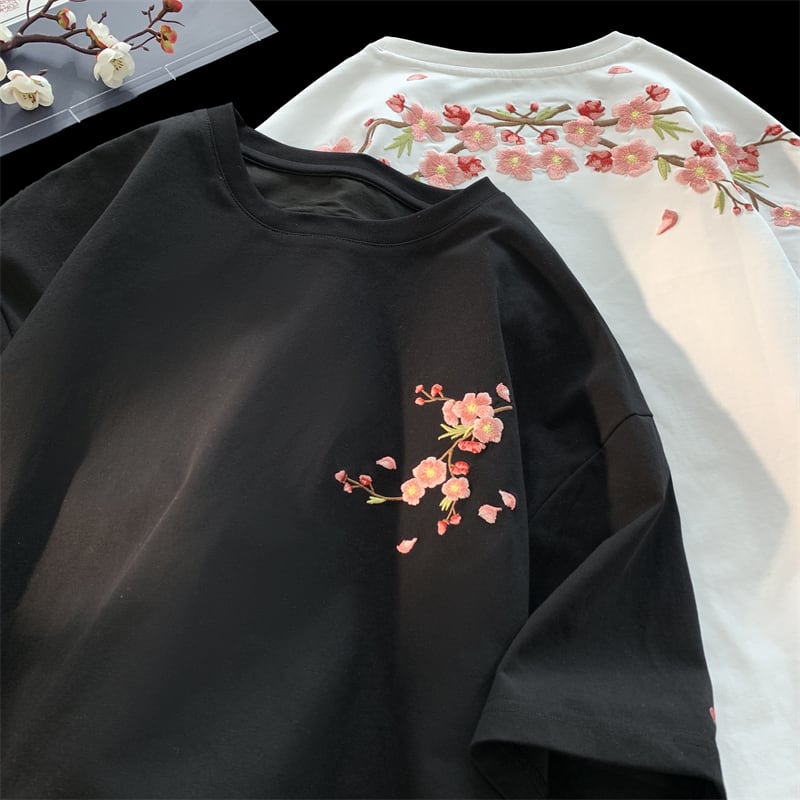 【VESIBOシリーズ】チャイナ風 半袖 Tシャツ 刺繍 花柄 梅の花 男女兼用 メンズ レディース ブラック ホワイト