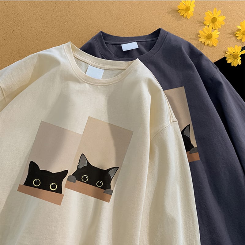 【SENSUシリーズ】長袖Tシャツ 男女兼用 大きいサイズ 5色 猫 プリント コットン