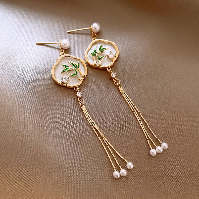 【PRCDCシリーズ】チャイナ風耳飾り 竹柄ピアス ペア レディース フリンジ グリーン アクセサリー