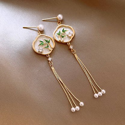 【PRCDCシリーズ】チャイナ風耳飾り 竹柄ピアス ペア レディース フリンジ グリーン アクセサリー